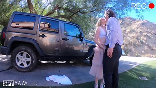 Preppy blonde fucking her brother next to their vehicle